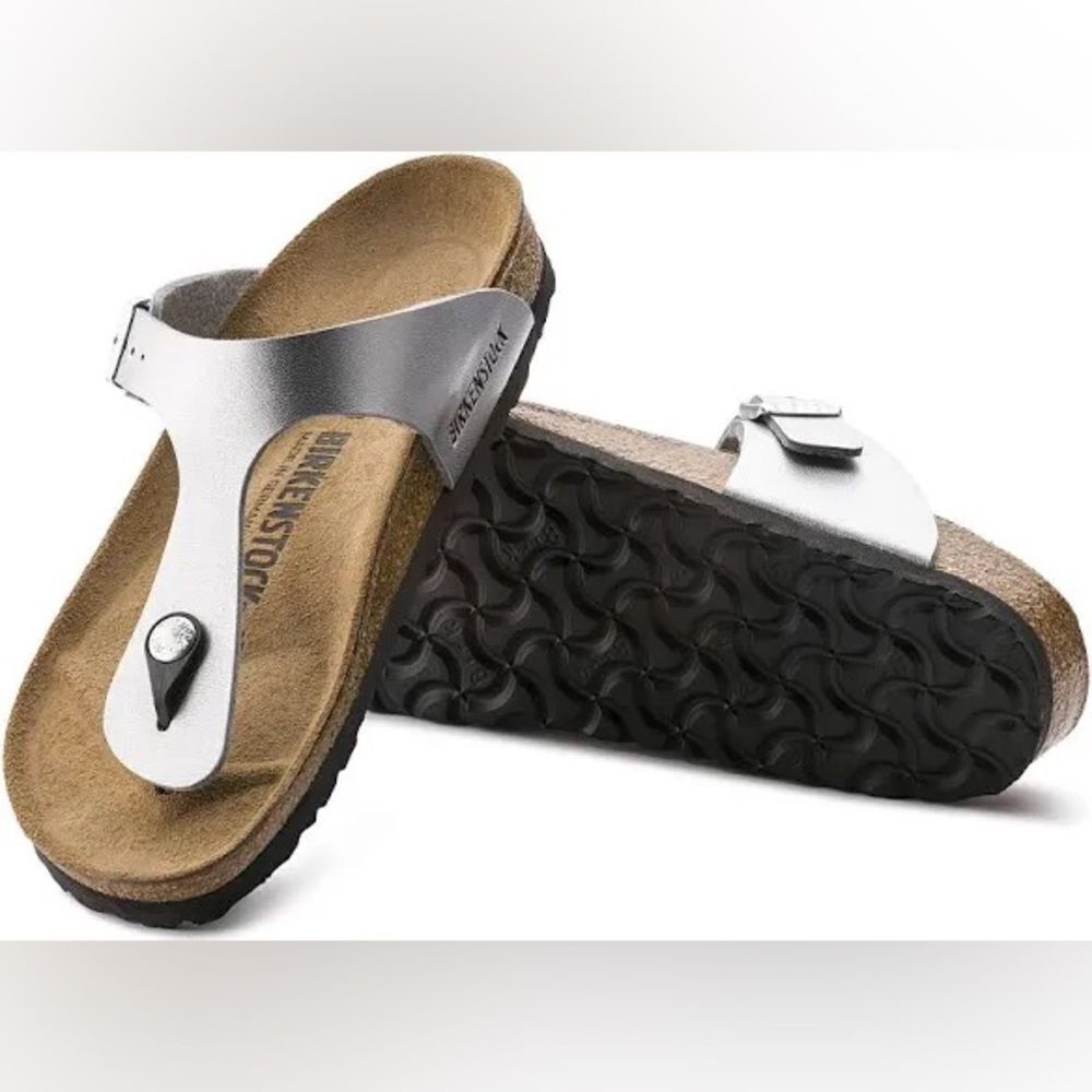 Birkenstocks Gizeh Birko-Flor Shiny silver flip-flop sandals 42 US 11.5